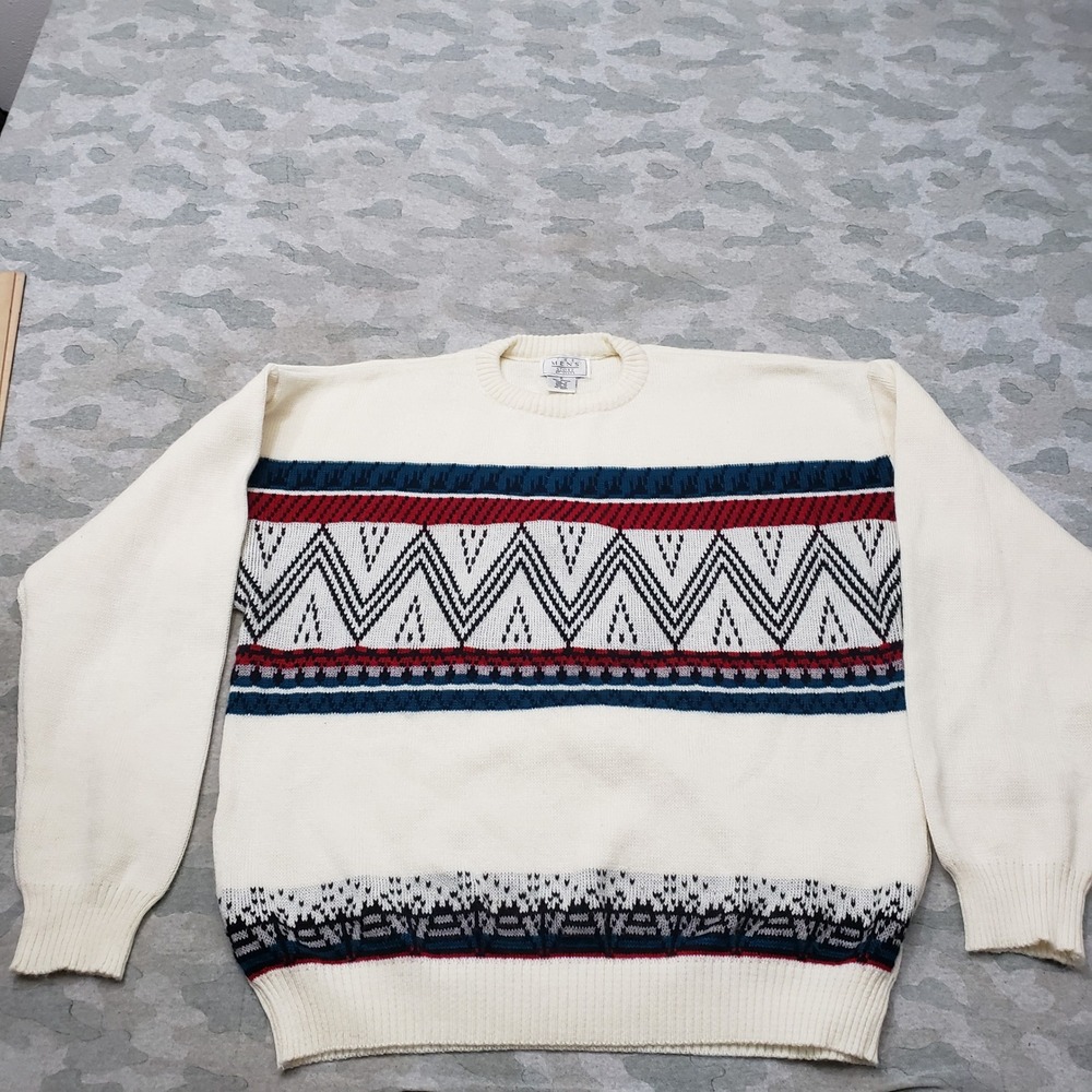 Vintage Sears Sweater Mens XL White Geometric Pullover The Mens Store 80s
